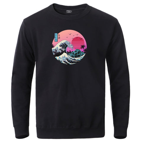 Image of The Great Retro Wave Japan Anime Vaporwave Kanagawa Sweatshirts Men Crewneck Pullover 2020 Male Casual Fit Loose Tops Tracksuits