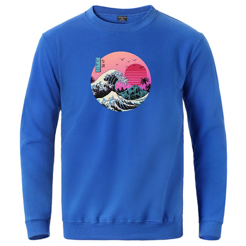 Image of The Great Retro Wave Japan Anime Vaporwave Kanagawa Sweatshirts Men Crewneck Pullover 2020 Male Casual Fit Loose Tops Tracksuits