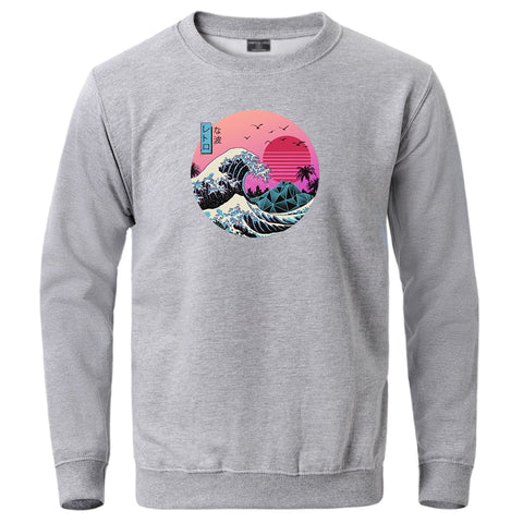 Image of The Great Retro Wave Japan Anime Vaporwave Kanagawa Sweatshirts Men Crewneck Pullover 2020 Male Casual Fit Loose Tops Tracksuits