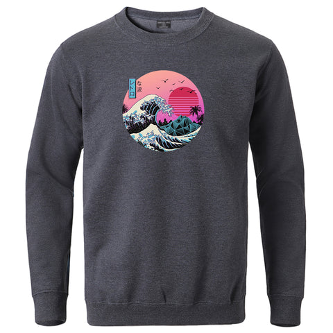 Image of The Great Retro Wave Japan Anime Vaporwave Kanagawa Sweatshirts Men Crewneck Pullover 2020 Male Casual Fit Loose Tops Tracksuits