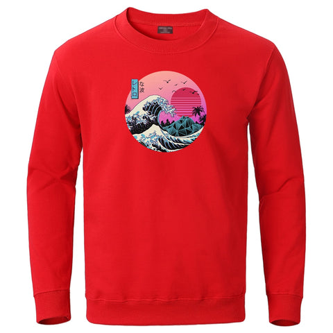 Image of The Great Retro Wave Japan Anime Vaporwave Kanagawa Sweatshirts Men Crewneck Pullover 2020 Male Casual Fit Loose Tops Tracksuits