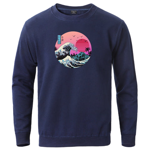 Image of The Great Retro Wave Japan Anime Vaporwave Kanagawa Sweatshirts Men Crewneck Pullover 2020 Male Casual Fit Loose Tops Tracksuits